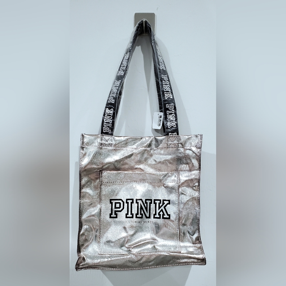 NEW Victoria's Secret PINK Metallic Silver Tote Bag